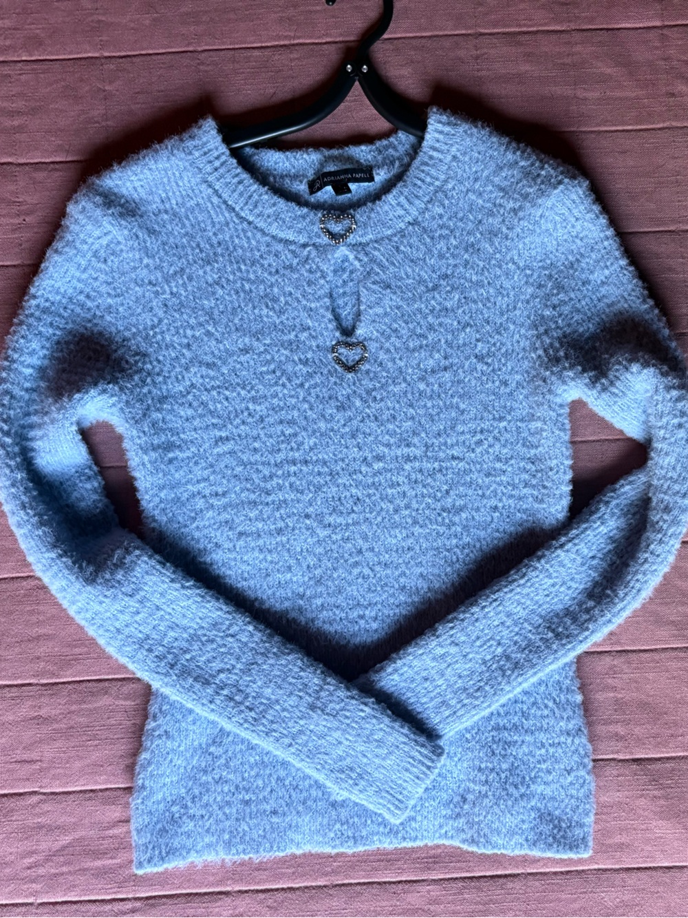 Y2K Fuzzy Light Blue Sweater Sparkly Heart Details Feminine Fitted